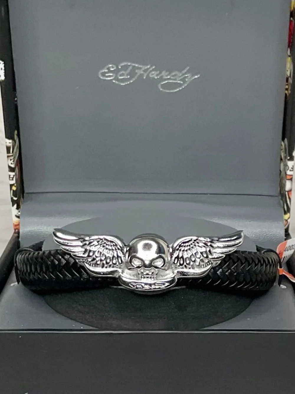 Ed Hardy Stainless Steel Silver Skull With Wings Black Leather Bracelet 8.5